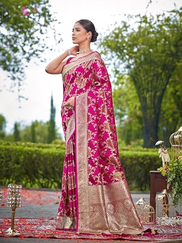 MANOHARI Women's Most Trendy Banarasi Satin Silk Woven Rani Pink Saree With Heavy Jacquard Work Saree With Blouse Piece_MN2047