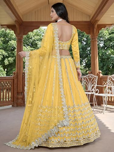 Zeel Clothing Women's Foil Embroidered Net Lehenga Choli With Dupatta (5029-Yellow-Women-Lehenga-Choli-Set, Free size)
