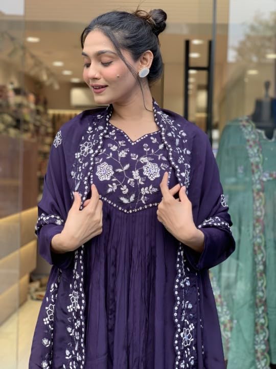 CICICA Salwar Suit Set With Dupatta For Women | Anarkali Chinon | Embroidery Set | Embroidered Suits | Flared Dress | Violet Kurta Set | Three Piece