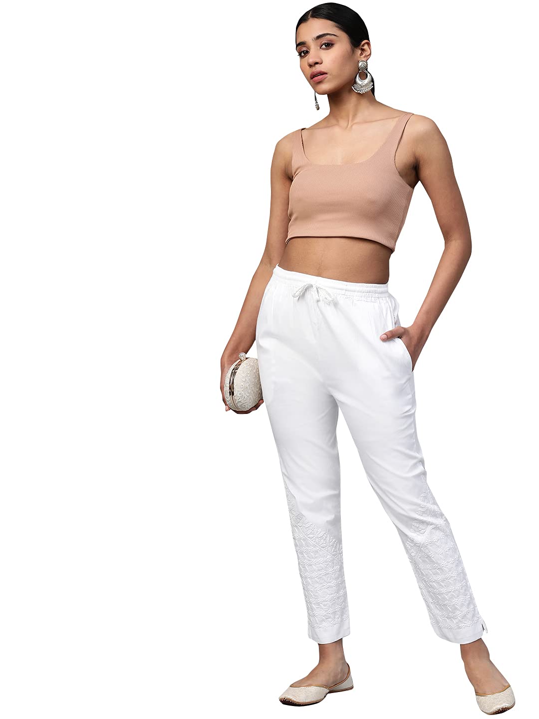 Ada Hand Embroidered Lucknowi Chikankari Straight White Cotton Palazzo Pant Trouser for Womens A711127 (2XL)