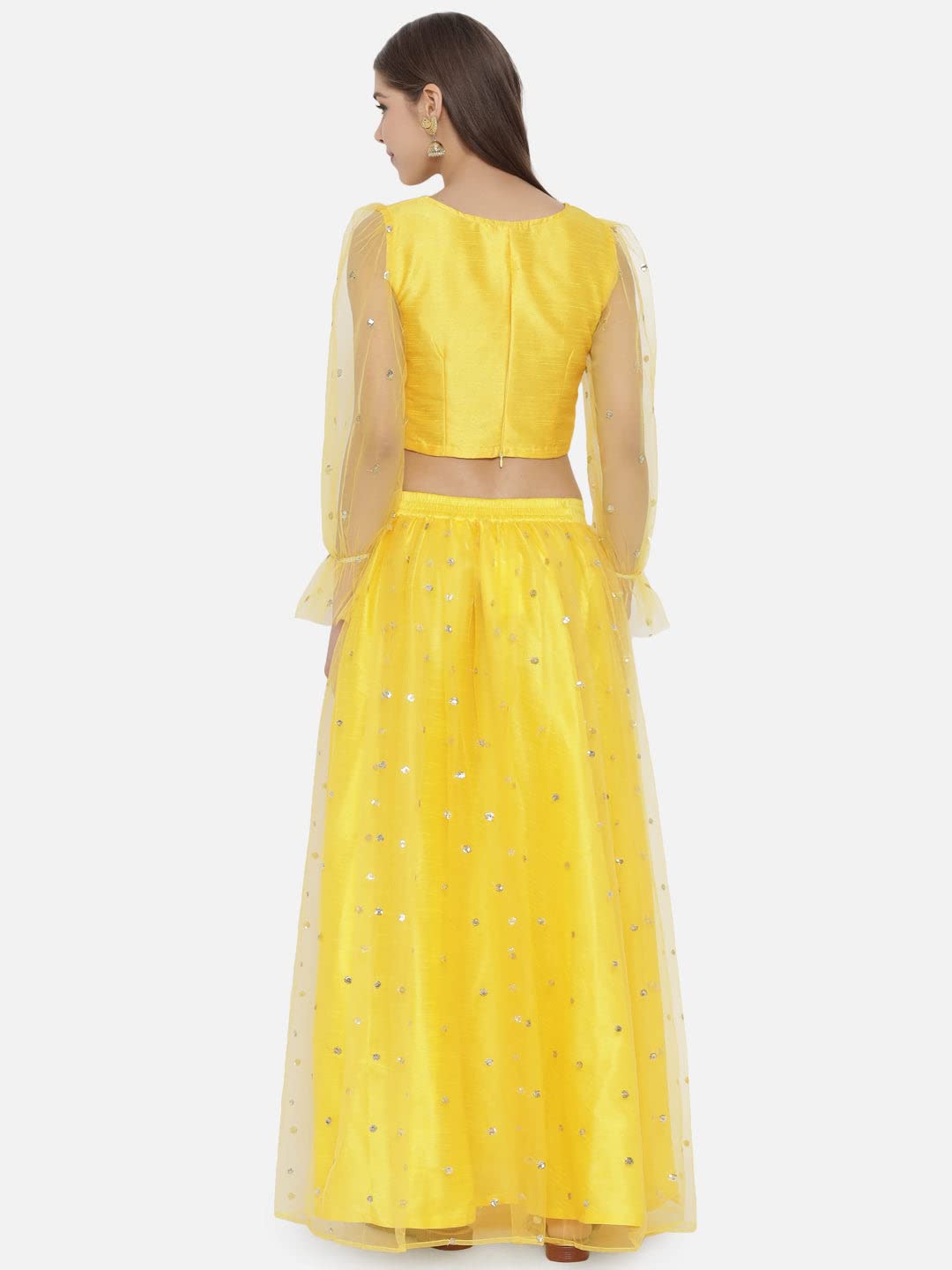 studio rasa Women's Net Sequins Embroidered Gathered Lehenga Set for Wedding Festive Party (LHSC12201L_Yellow_Large)