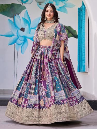 Zeel Clothing Women's Digital Print with Zari Dori Embroidery Work Chinnon Silk Lehenga Choli With Dupatta (7050-Women-Lehenga-Choli-New; Free size) (Purple)