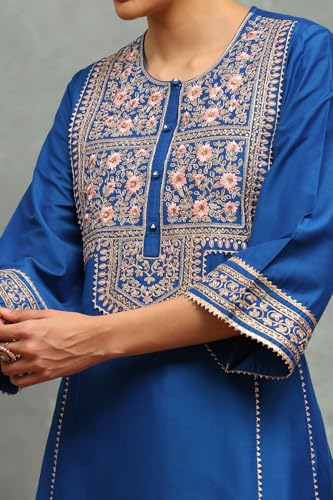 Rangriti Women Blue Viscose Blend Embroidered Kalidar Suit Set_36