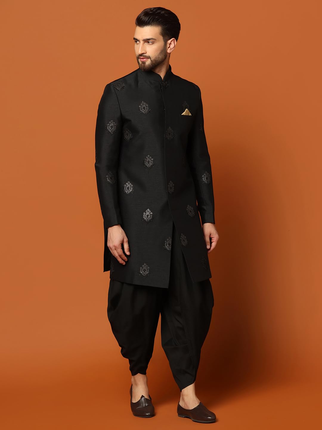 KISAH Men's Sherwani Dhoti Set, Silk Blend Full Sleaves, Knee Length, Straight, Regular Fit, Mandarin Collar Ethnic wear, 40 Black
