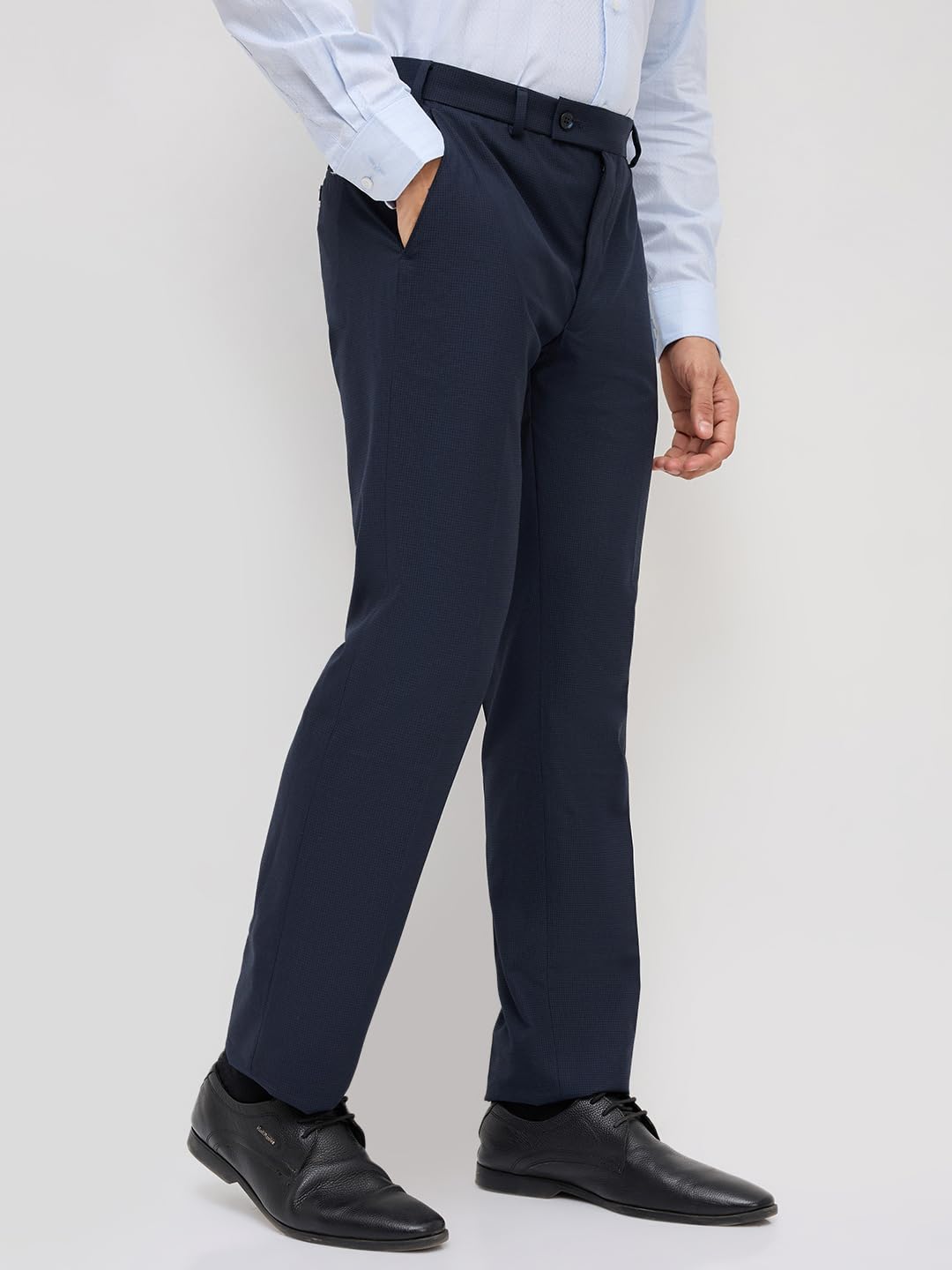 Park Avenue Men Slim Fit Checks Pattern Polyester Blend Flat Front Formal Trouser Dark Blue