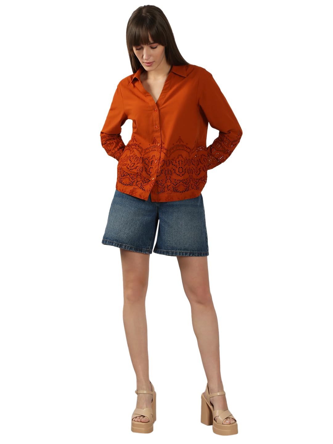 VERO MODA Women's Cotton Regular Fit Brown Shirt