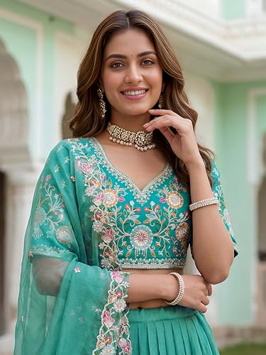 Zeel Clothing Women's Zari Sequins Embroidered Work Crush Silk Lehenga Choli With Dupatta (5138-SkyBlue-Women-Lehenga-Choli; Free size)