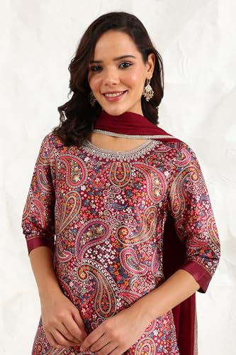 W for Woman Wine Paisley Printed Japanese Satin Embroidered Neck Kurta with Straight Pants with Dupatta (Size: XXL)-24AUWS11968-124645