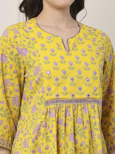 BIBA Women Yellow Cotton Kalidar Suit Set_32