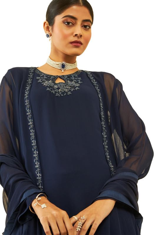 Soch Womens Blue Georgette Beadwork Embellished A-Line Chudidar Suit Set with Shrug(OWA3CD20256A)