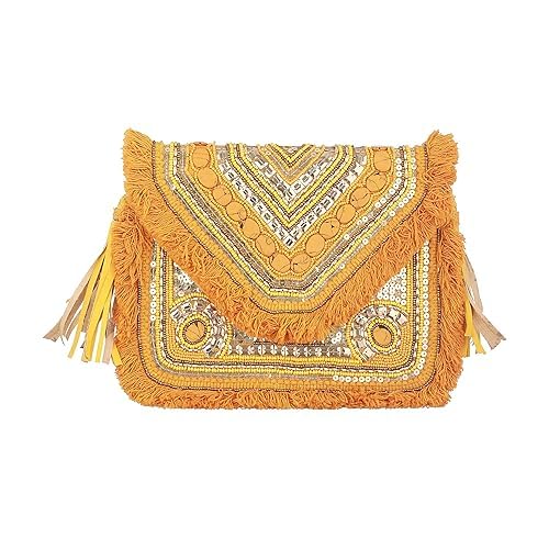 BAGUZZI Jute Coin Embellished Handmade Sling Bag for Women - Stylish, Trendy, Antique, Casual Crossbody Bag with Detachable Chain, Magnetic Closure,Mustard
