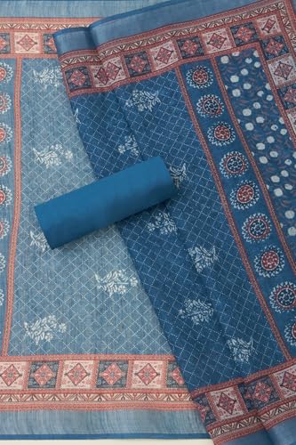 Soch Womens Indigo Linen Ethnic Motifs Unstitch Dress Material With Sequins