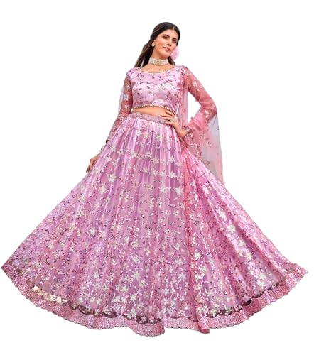 Divine Exim Women's Net Semi Stitched Lehenga Choli with Dupatta | Thread and Sequin Embroidery Pattern | Traditional, Wedding, Ethnic Wear Lehenga (Lavender)