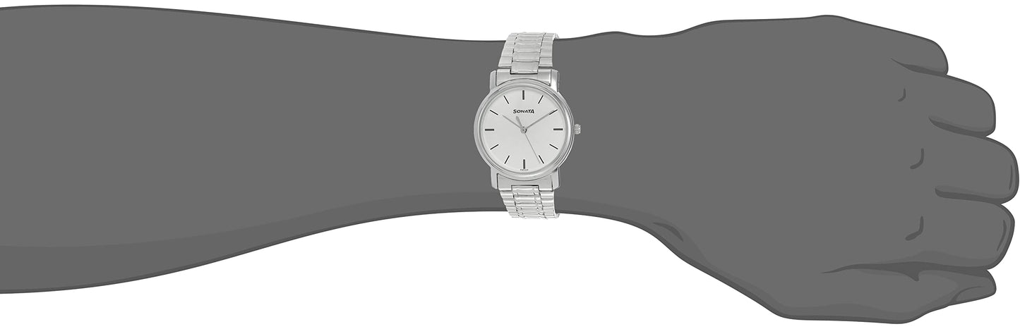 Sonata Quartz Analog White Dial Silver Stainless Steel Strap Watch for Men - NT1013SM01