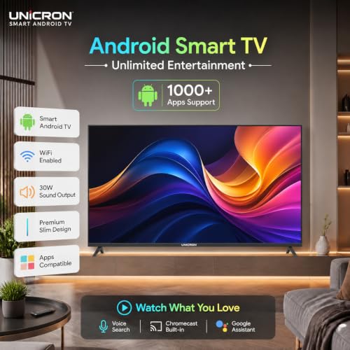 UNICRON 24 Inch Android Smart TV, HD LED Television with 30W Sound Speaker, WiFi Enabled & IPS A+ Display Panel, Gaming, Screen Mirroring & Mobile Connectivity