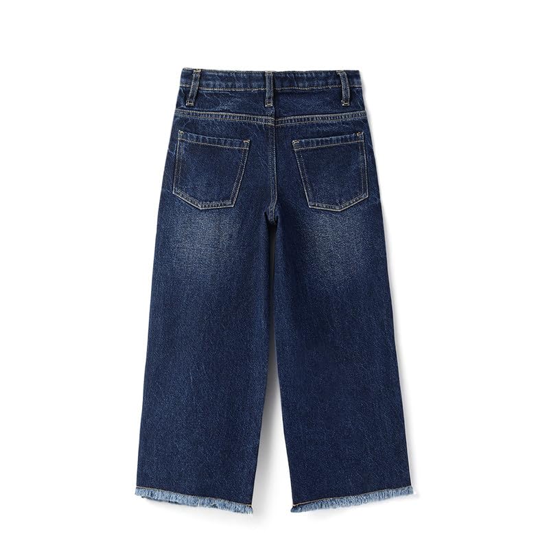 United Colors of Benetton Solid Wide Leg Fit Damaging Frayed Hem Denim Dark Wash Jeans