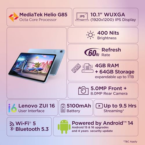 Lenovo Tab| 10.1 Inch Display| Wi-Fi Only| 4 GB RAM + 64 GB ROM (Expandable up to 1 TB)| Metal Body| Dual Speakers with Dolby Atmos| Android 14| Color: Polar Blue