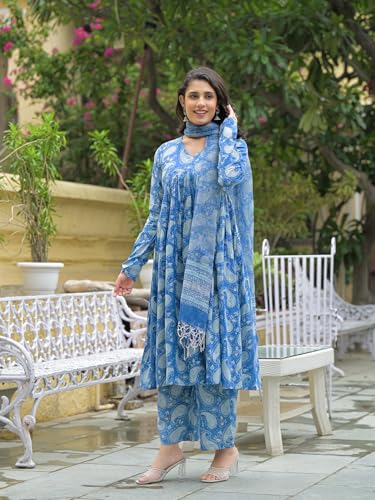 Divena Blue Cotton Paisley Printed Kurta Pant Set With Dupatta