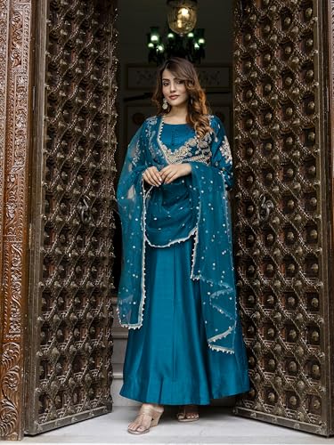 TRENDMALLS Women's Art Silk Embroidery Work Anarkali Kurta Pant with Net Dupatta Set For Women (G333-Morpeach-3XL)