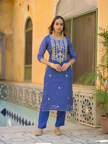 Divena Blue Leheriya Kota Doria Kurta Pant With Dupatta