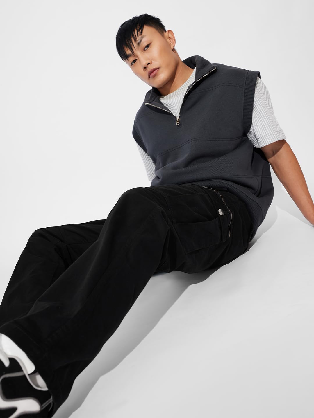The Souled Store Solids: Black Men and Boys Buttoned Cotton Straight Fit Cargo Pants