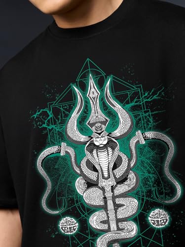The Souled Store Trilok: Mahashivaratri Men and Boys Short Sleeves Round Neck Black Graphic Printed Casual Lightweight Drop Shoulder Streetwear Trendy Oversized T-Shirt