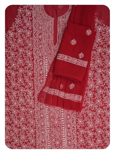 Ada Hand Embroidered Lucknowi Chikankari Unstitched Georgette Dress Material Suit Piece with Dupatta for Women 01A873546 Red