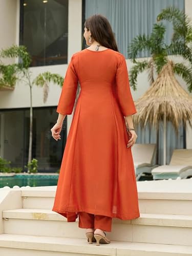 AVYUKTHA | Women Ethnic Motifs Embroidered Kurta with Trors & Dupatta | Traditional Thread Work Kurta Set for Festive & Daily | Orange, Size- M