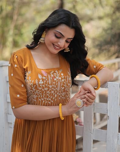 Fashion Basket Georgette Anarkali Gown with Sequins and Embroidery for Women with Long Sleeves (X-Large, Yellow)