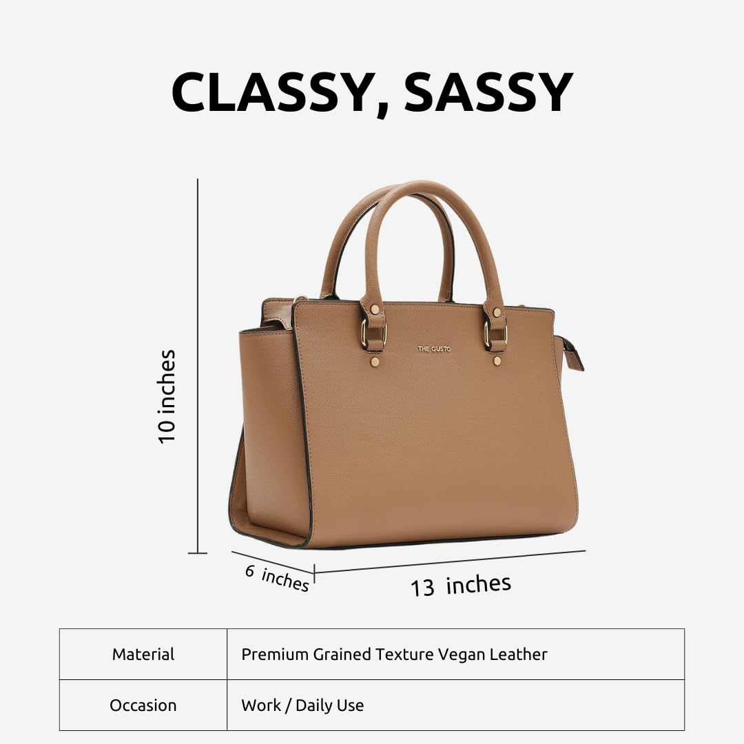 The Gusto Womens Elora - Premium Satchel Hand Bag | Cross-Body Sling Bag With Detachable & Adjustable Sling Strap, Brown