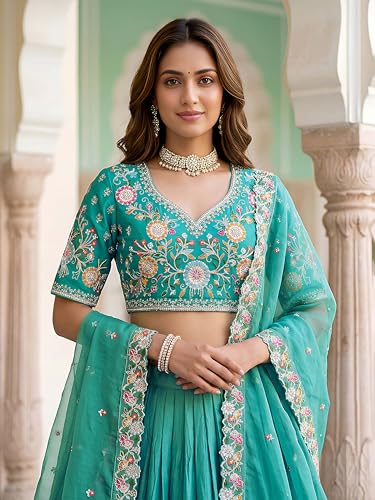 Zeel Clothing Women's Zari Sequins Embroidered Work Crush Silk Lehenga Choli With Dupatta (5138-SkyBlue-Women-Lehenga-Choli; Free size)
