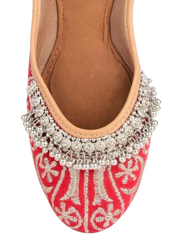 DESI COLOUR Flat Footwear/Mojari/Punjabi Jutti/Bellies for Women - Red Embroidered Gungroo (8)