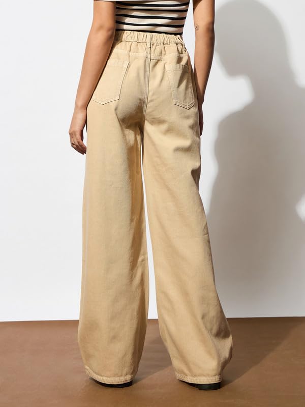Beige Zipper Design Baggy Jeans
