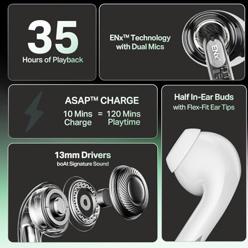 boAt Airdopes 101v2, 35H Battery, ENx Tech, 13mm Drivers, ASAP Charge, Flex-Fit Ear Tips,Stream Ad Free Music via App Support, Bluetooth Earbuds, TWS Ear Buds Wireless Earphones with mic (Smoke White)