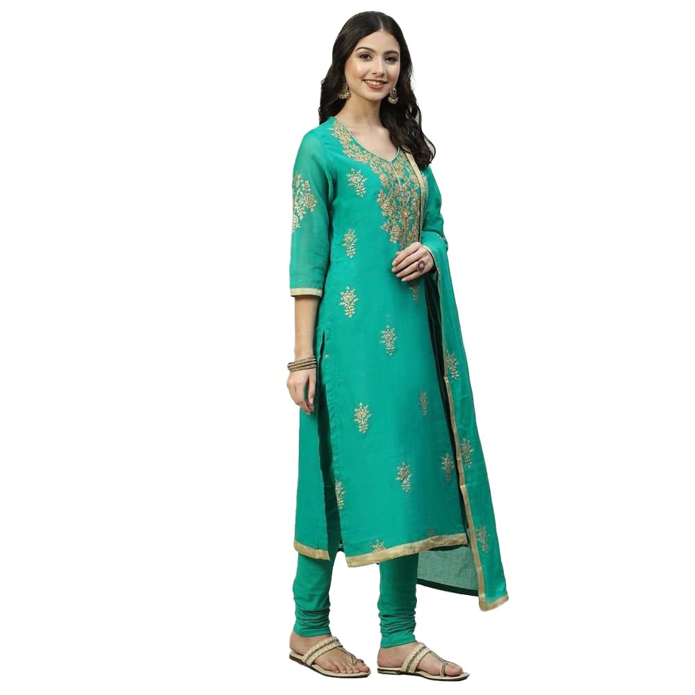 Biba Cotton Women Printed Fitted Salwar Kurta Dupatta(Skdassorted7716_Green_34)