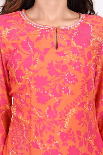 W for Woman Orange Floral Printed Sequined Straight Modal Kurta and Straight Pant Set - (WS13690B-126963-XS)