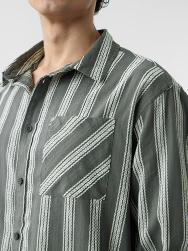 The Souled Store Textured Stripes: Grey Men and Boys Long Sleeves Collared Neck Button Front Cotton Relaxed Shirts