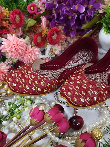 Fulkari Women Red SeaSand Gold Casual Genuine Soft Leather Jutis | Bite and Pinch Free Juttis | Punjabi Jutti | Girl's Office Flat Ladies Mojari | dailywear Ethnic Juti | 39