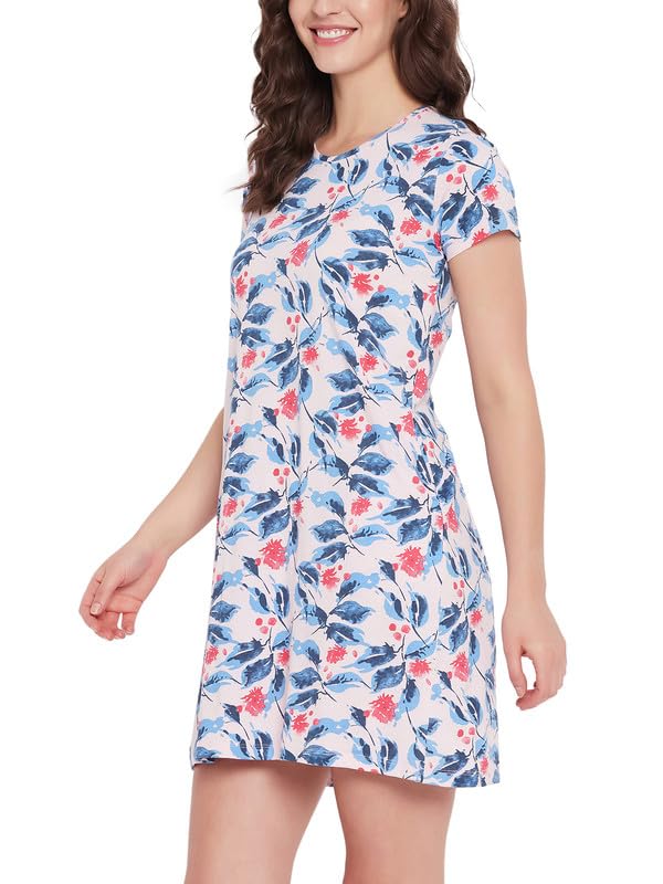 Clovia Women's Cotton Printed Short Night Dress (NS5206P22_Pink_M)