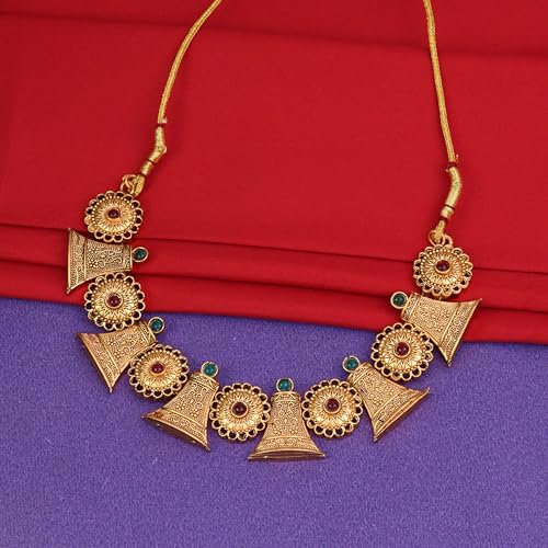 CUTE GOLD Antique Oxidised Plating Necklace With Earring For Women and Girls | Antique Temple Necklace Set for Women & Girls (AN-337)