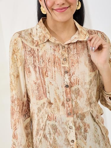 Latin Quarters Women's Beige Printed 3/4th Sleeve Collar Neck Casual Shirt_S