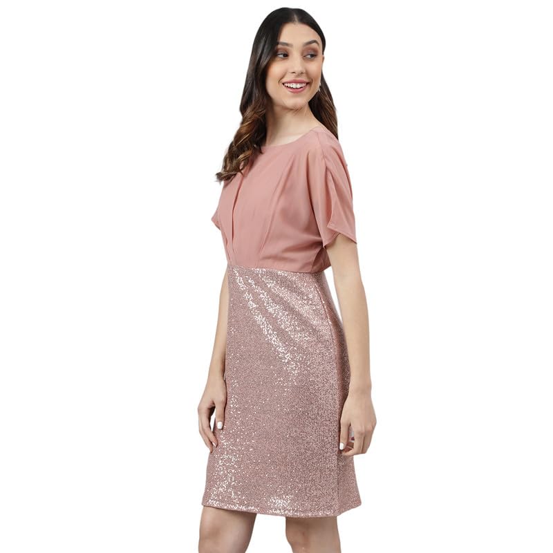 Latin Quarters Women's Pink Half Sleeves Embellished Short Dress_S