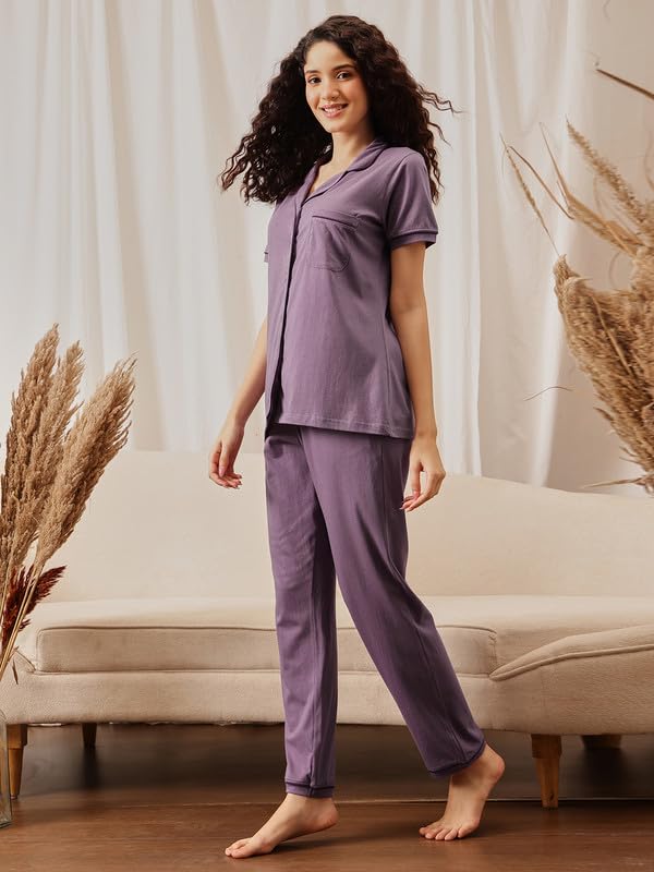 Clovia Women's Cotton Button-Down Shirt & Pyjama Set (LS0795P15_Purple_M)