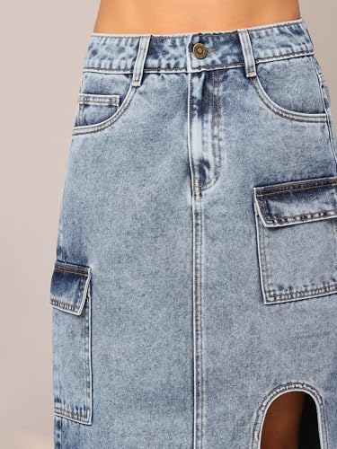 Dolce Crudo Women's Flared High-Rise Stretchable Denim Maxi Skirt (DOSS24DEN79-05-329-38, Steel Blue, 3XL)