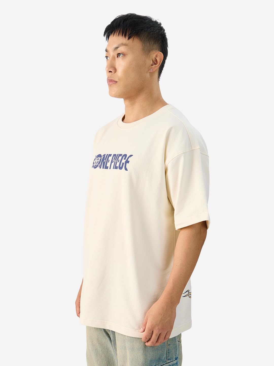 The Souled Store Official One Piece: Going Merry Men and Boys Short Sleeve Round Neck White Graphic Printed Cotton Oversized T-Shirts