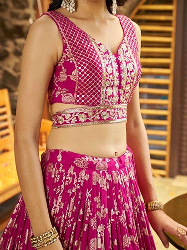 Zeel Clothing Women's Sequins Zari Embroidered Dola Silk Jacquard Lehenga Choli With Dupatta (7100-Women-Lehenga-Choli-Latest, Free size) (Rani Pink)