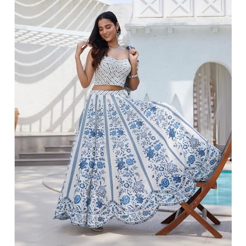 BIBA Women Cotton Straight Printed Lehenga Set (SKD9735SS24WHTBLU_White_XXL)