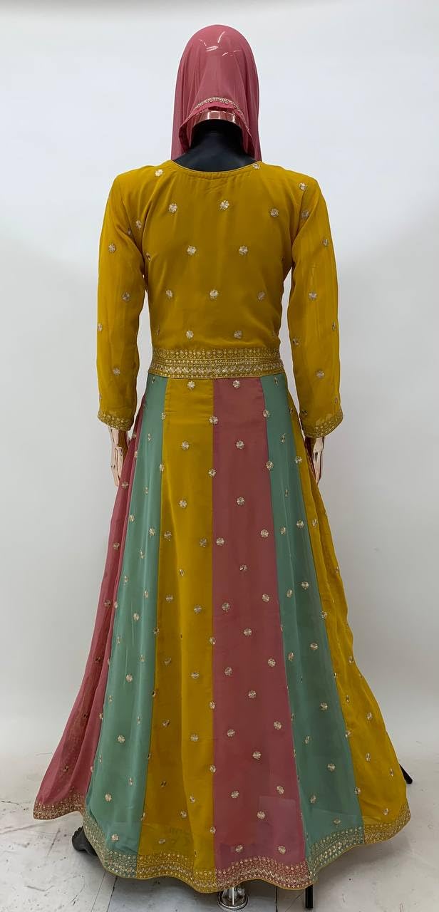 Miss Ethnik Women's Yellow Faux Georgette Stitched Top With Dupatta Full Sleeve Embroidered Anarkali Gown (ME-1183-Yellow-XL)