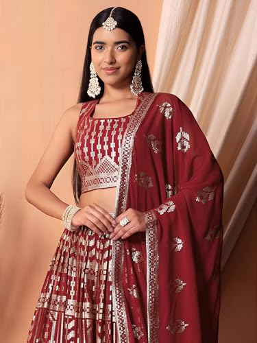 Zeel Clothing Women Sequins Thread Embroidered Georgette Semi-Stitched Lehenga Choli With Dupatta (5116-Maroon-Wedding-Stylish-Latest; Free Size)