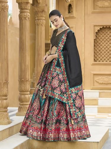 PURVAJA Women's Jacquard Semi-Stitched Lehenga choli (Sakhi-Black_Free Size)